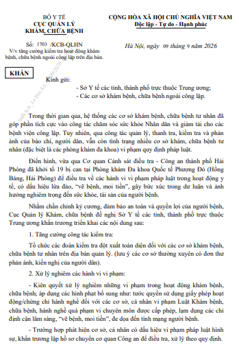 Văn bản của Cục Quản lý Khám, chữa bệnh (Bộ Y tế) về việc tăng cường kiểm tra hoạt động khám bệnh, chữa bệnh ngoài công lập trên địa bàn.
