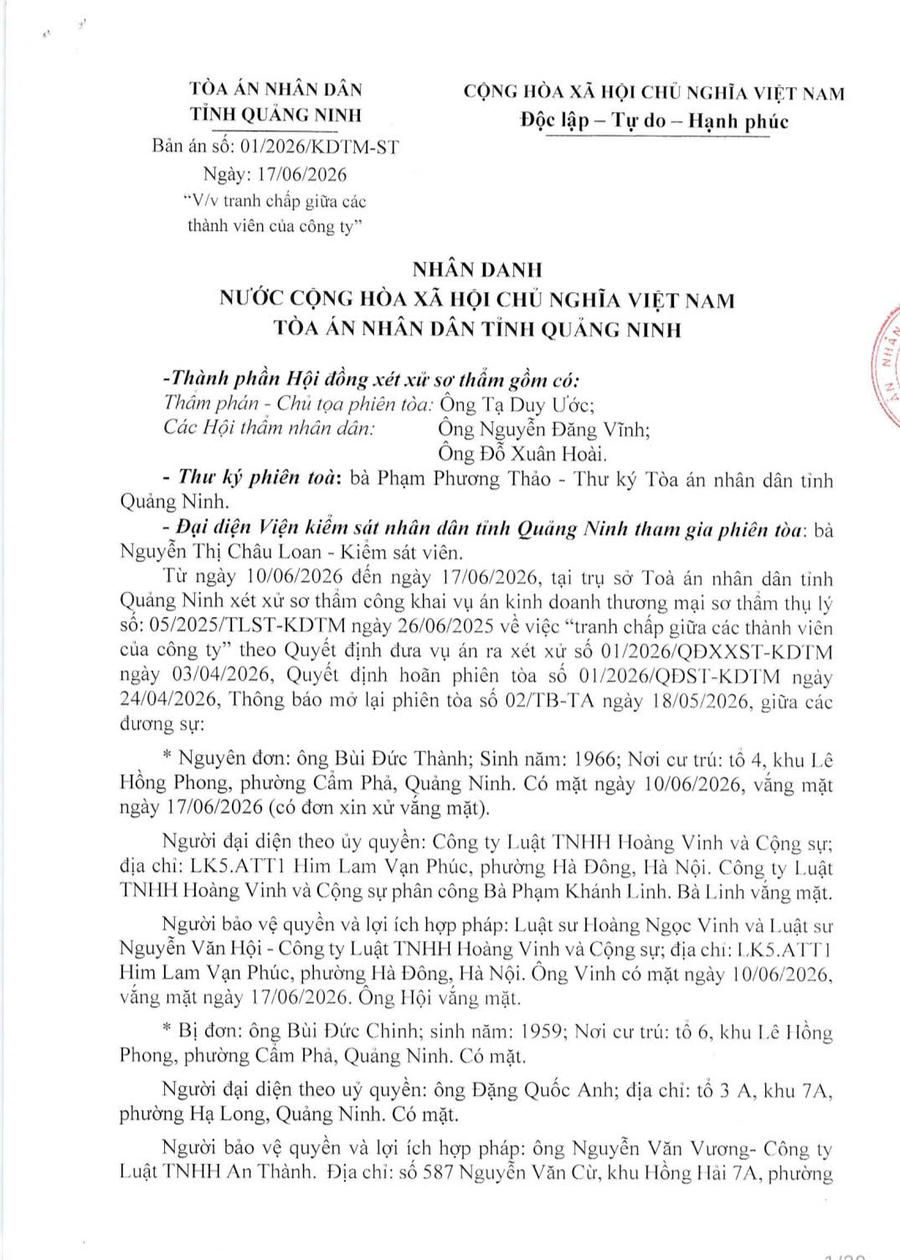 Bản án sơ thẩm của TAND tỉnh Quảng Ninh nay là TAND TP Quảng Ninh về việc tranh chấp giữa các thành viên công ty xảy ra tại Công ty Cổ phần Bến xe Trung tâm Cẩm Phả.