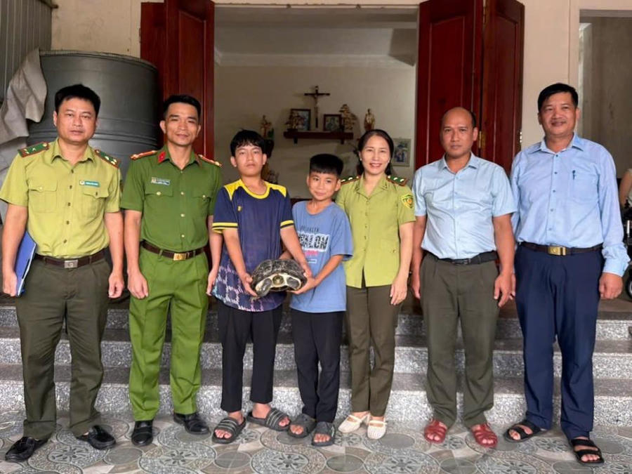 Cá thể rùa được hai học sinh bàn giao cho cơ quan chức năng.