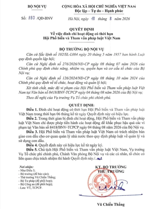 Quyết định của Bộ trưởng Bộ Nội vụ đình chỉ hoạt động 6 tháng đối với Hội Phổ biến và Tham vấn pháp luật Việt Nam.