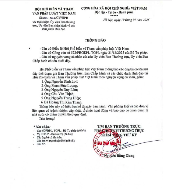 Hội Phổ biến và Tham vấn pháp luật Việt Nam ban hành Thông báo số 002-2026/CV/HPB về việc thôi nhiệm Ủy viên Ban Thường trực, Ủy viên Ban Chấp hành và các chức danh lãnh đạo tại Hội.