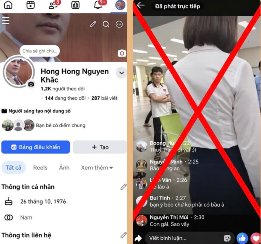 Facebook cá nhân của ông Nguyễn Khắc Hồng (ảnh trái) và phiên livestream tại Bệnh viện Hữu nghị Lạc Việt (Ảnh: Công an cung cấp).