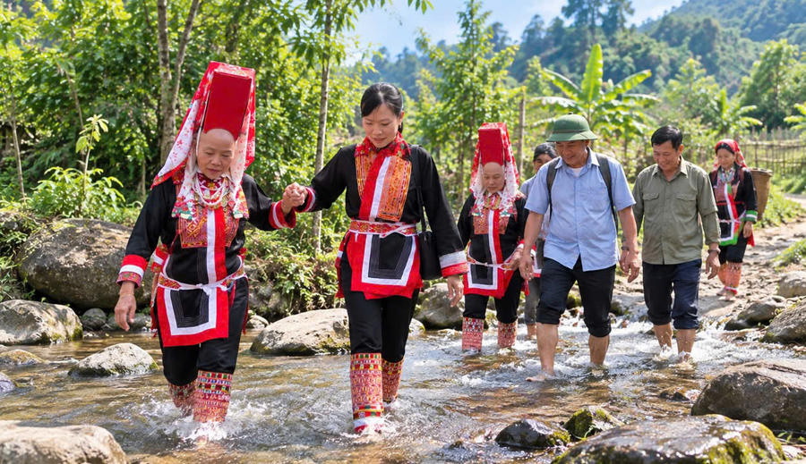 Lỷ Thị Vân cùng cán bộ vượt suối xuống bản, đưa tiếng Dao trở thành cầu nối gần dân.