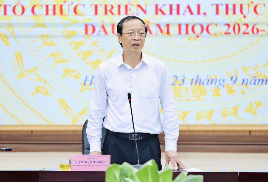 Thứ trưởng Thường trực Phạm Ngọc Thưởng phát biểu tại buổi làm việc. (Ảnh: moet.gov.vn)