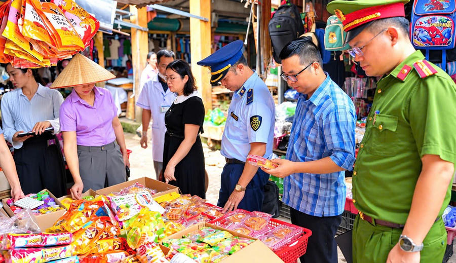 Lực lượng chức năng kiểm tra hàng hóa tại một cơ sở kinh doanh ở xã Đông Ngũ.