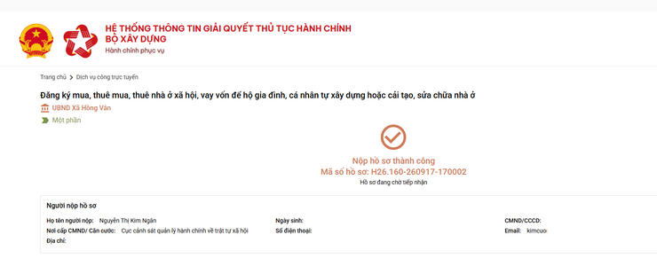 Công dân đính kèm hồ sơ và nộp trực tuyến.