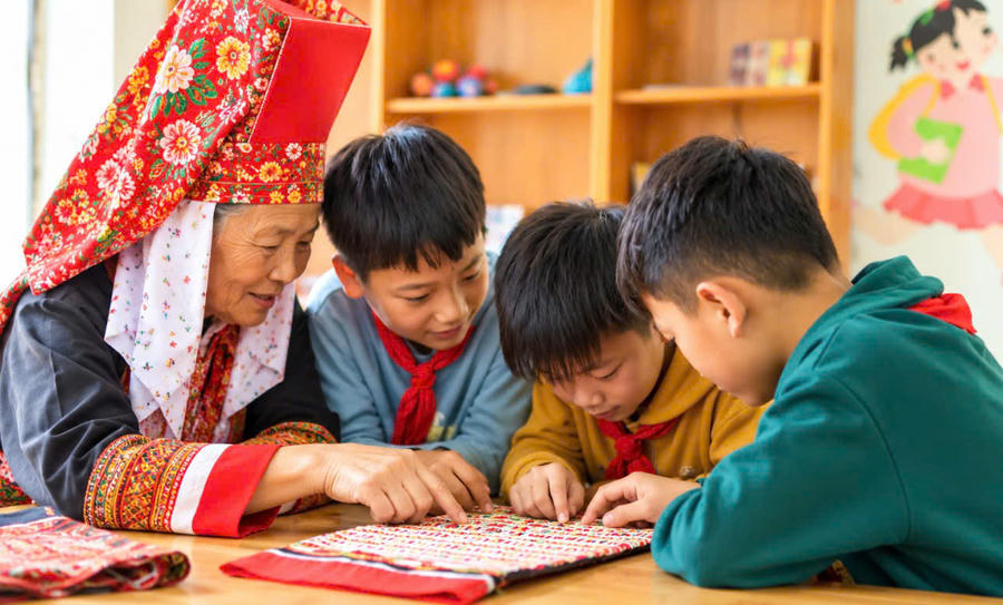Nghệ nhân Dao hướng dẫn thế hệ trẻ học thêu, trao truyền kỹ năng và gìn giữ tinh hoa văn hóa truyền thống.