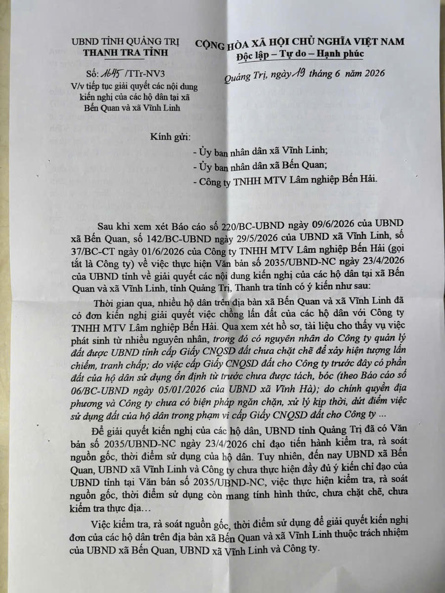 Công văn 1645 của Thanh tra tỉnh Quảng Trị thẳng thắn phê bình: “việc thực hiện kiểm tra, rà soát nguồn gốc, thời điểm sử dụng còn mang tính hình thức, chưa chặt chẽ, chưa kiểm tra thực địa”. Ảnh: Nguyên Phong