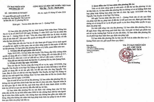 Văn bản số 268/UBND-KHHT&ĐT, ngày 03/02/2026 của UBND phường Hà An, TP. Quảng Ninh nêu rõ: UBND phường Hà An không có cơ sở khẳng định tính hợp pháp hoặc không hợp pháp của bản di chúc lập ngày 10/3/2006 của ông Nguyễn Văn Xuyền và bà Ngô Thị Xiệng.