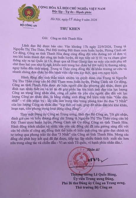 Thứ trưởng Bộ Công an gửi thư khen Trung tá Nguyễn Thị Thu Thảo và Công an Thanh Hoá.
