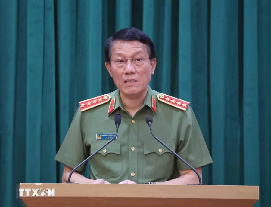 Đại tướng Lương Tam Quang, Ủy viên Bộ Chính trị, Bí thư Đảng ủy Công an Trung ương, Bộ trưởng Bộ Công an phát biểu - Ảnh: TTXVN