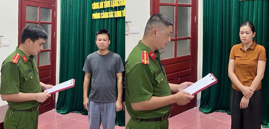 Công an tỉnh Lạng Sơn đọc lệnh bắt Hứa Văn Chinh và Hứa Thị Ngân liên quan đến cung cấp dịch vụ quan trắc môi trường cho doanh nghiệp (Ảnh: Công an Lạng Sơn).