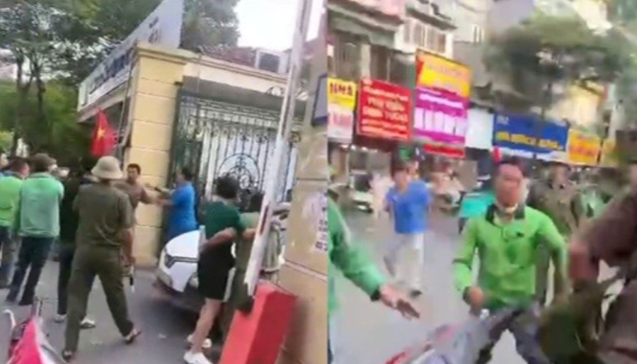 Nhóm người vây đánh một người đàn ông trước Bệnh viện Đại học Y Hà Nội. Ảnh cắt từ Clip Thạnh Mộc