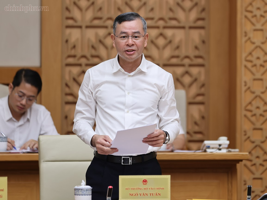 Bộ trưởng Bộ Tài chính Ngô Văn Tuấn báo cáo tại Phiên họp. Ảnh: VGP