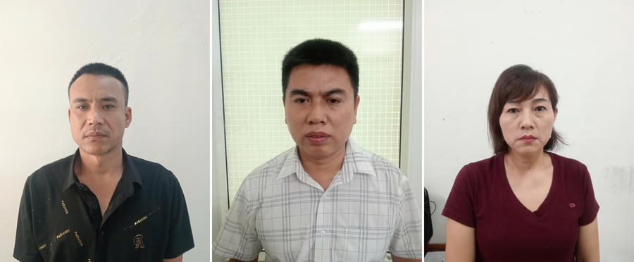 Các đối tượng Lý Văn Thắng, Nguyễn Văn Nghiêm và Chu Thị Giang (từ trái sang phải) tại Cơ quan điều tra.