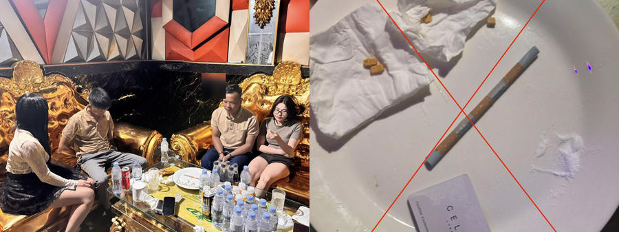 Các đối tượng và ma tuý thu giữ tại Phòng VIP 6 quán Karaoke Bảo Châu.