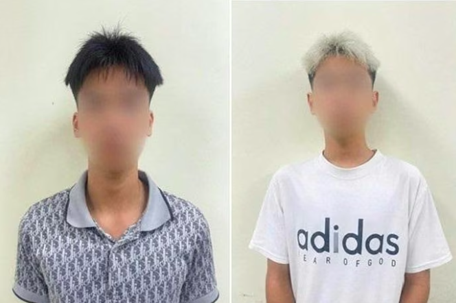 Hai đối tượng  N.T.Đ và T.Đ.N tại cơ quan Công an. Ảnh Công an TP Quảng Ninh.


