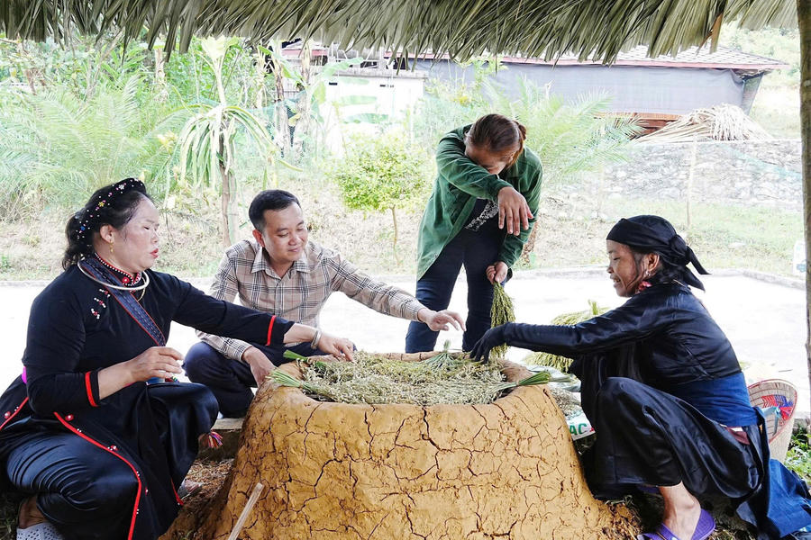 Ông Triệu Quốc Đạt Chủ tịch UBND xã Thuận Hòa ( áo kẻ) cùng bà con tham gia công đoạn sấy cốm, góp phần gìn giữ nghề làm cốm truyền thống của địa phương.