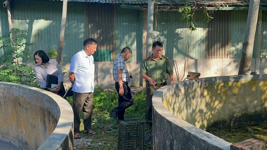 Cơ quan chức năng kiểm tra cơ sở chăn nuôi bị người dân phản ánh là ô nhiễm môi trường. (Ảnh: Công an Lào Cai).