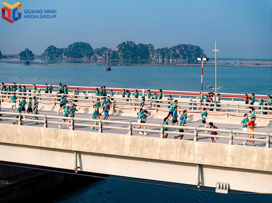 Các vận động viên tham gia Giải chạy Global Gate Hạ Long ESG++ Marathon 2026 trên cung đường ven biển trong thời điểm bình minh.