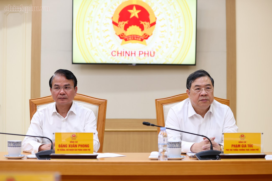 Phó Thủ tướng Thường trực Chính phủ Phạm Gia Túc; Bộ trưởng, Chủ nhiệm Văn phòng Chính phủ Đặng Xuân Phong tham dự cuộc họp. Ảnh: VGP