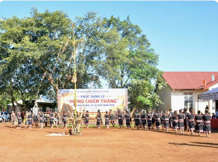 Lễ "Mừng chiến thắng" của người dân Jrai ở xã Ia Grai là một nét truyền thống quan trọng trong đời sống, văn hóa của người Jrai Ảnh: Báo Gia Lai
