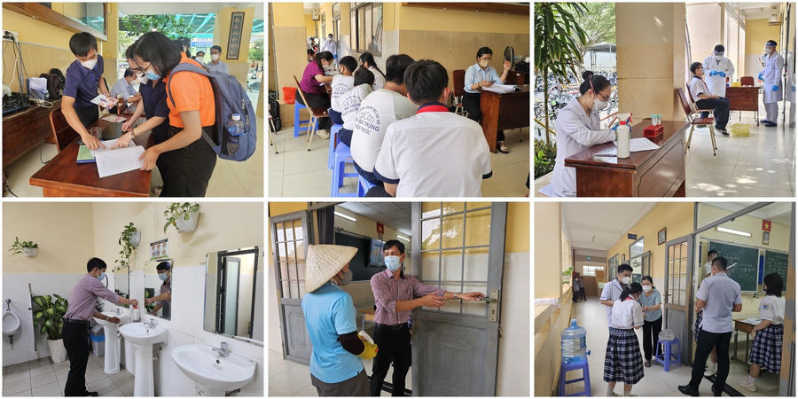HCDC phối hợp Trạm Y tế xã Hiệp Phước và nhà trường triển khai điều tra dịch tễ, theo dõi người tiếp xúc, lấy mẫu xét nghiệm, hướng dẫn vệ sinh - khử khuẩn và các biện pháp dự phòng tại trường học. (Ảnh: Sở Y tế TP HCM)