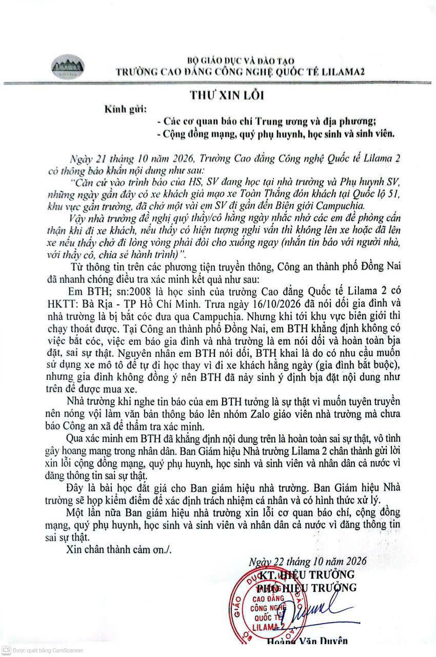 Thư xin lỗi của nhà trường.