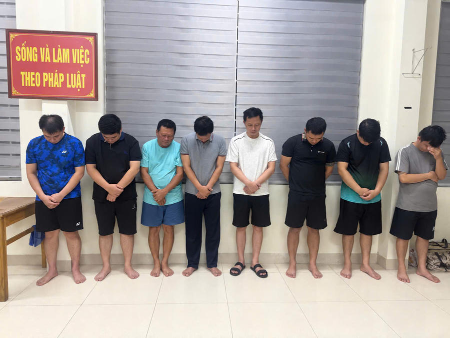 Nhóm đối tượng bị khởi tố, tạm giam (từ trái sang phải): Hoàng Văn Dũng, Hoàng Minh Tưởng, Đỗ Văn Hùng, Nguyễn Văn Tình, Trần Anh Hào, Hoàng Văn Nam, Hoàng Văn Đạt.