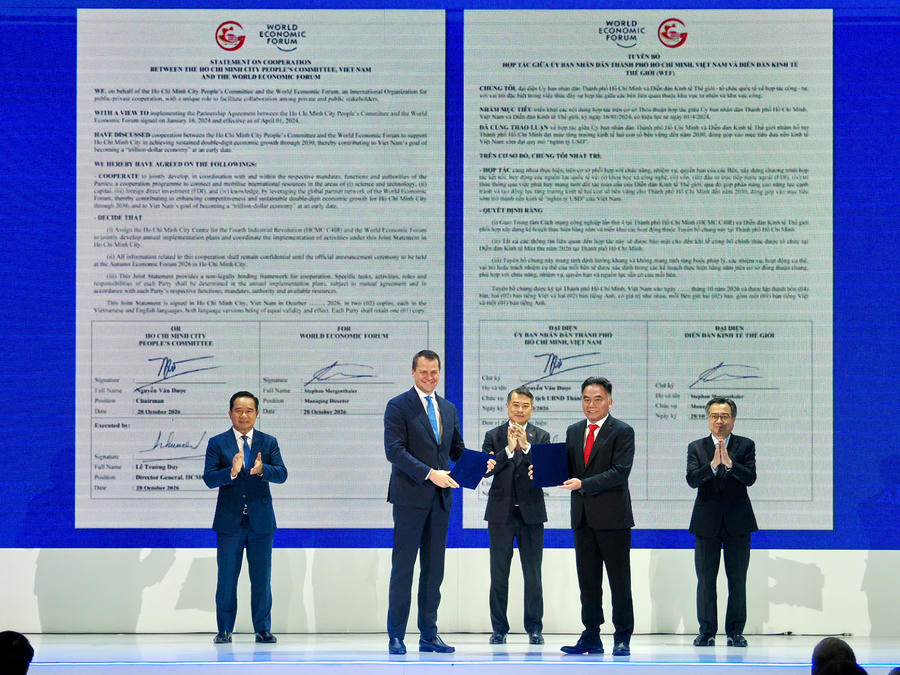 Đây là dấu mốc quan trọng, mở ra chặng đường hợp tác mới giữa TP HCM và WEF - một trong những mạng lưới toàn cầu hàng đầu về đối thoại, kết nối và kiến tạo các sáng kiến phát triển. (Ảnh: Cổng TTĐT TP HCM)