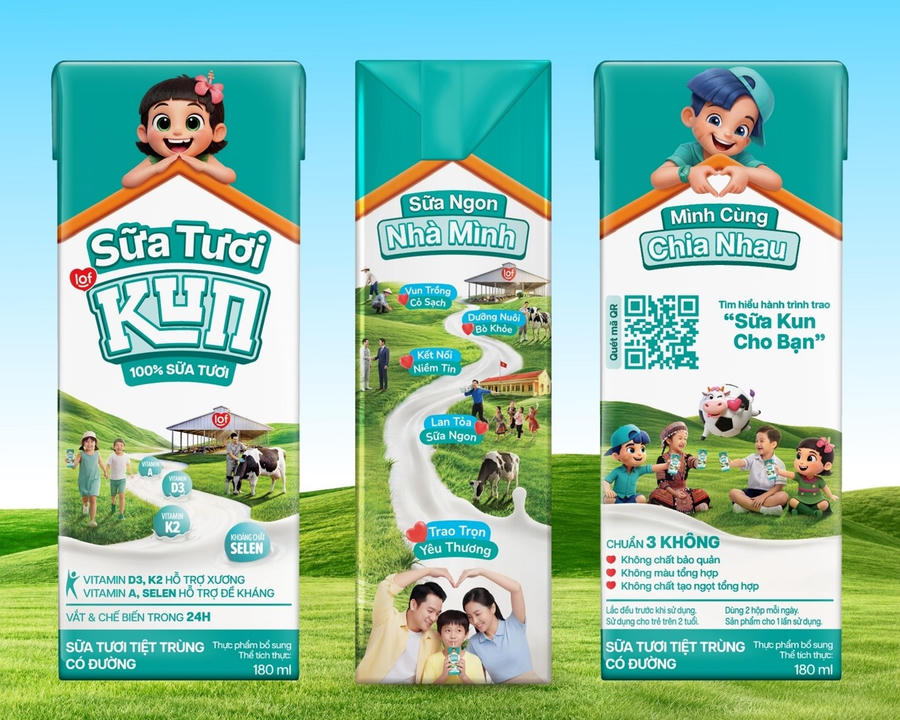 Thông điệp “Sữa ngon nhà mình, mình cùng chia nhau” trên bao bì Sữa Tươi Kun